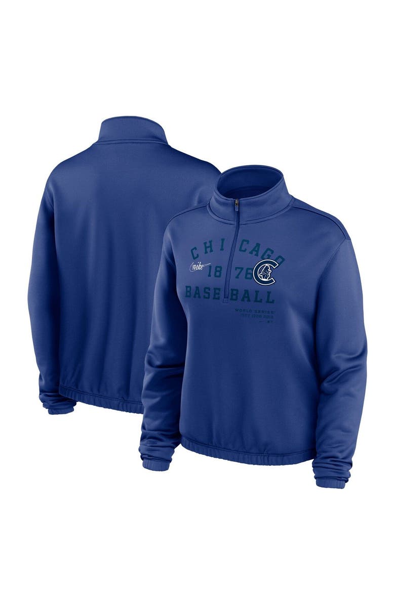 Nike Women's Nike Royal Chicago Cubs Rewind Splice Half-Zip Semi-Cropped Bubble Hem Sweatshirt, Main, color, Royal