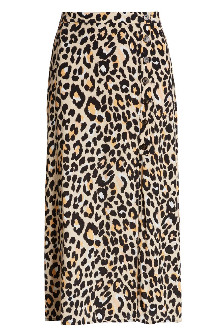 Leopard Print Button Front Midi Cotton Blend Skirt, Alternate, color, LEOPARD PRINT