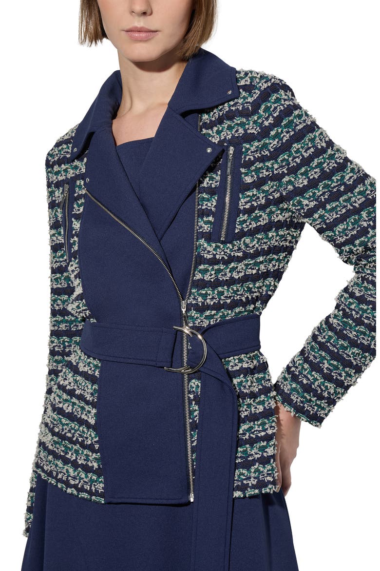 Belted Mixed Media Moto Jacket, Alternate, color, REGATTA/ MULTI