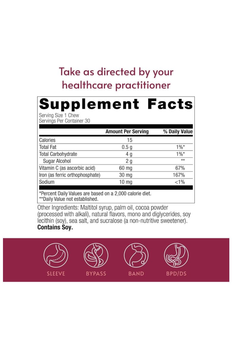 Iron 30 mg Chewy Bite with Vitamin C Chocolate Raspberry Supplement 30 Count, Alternate, color, None