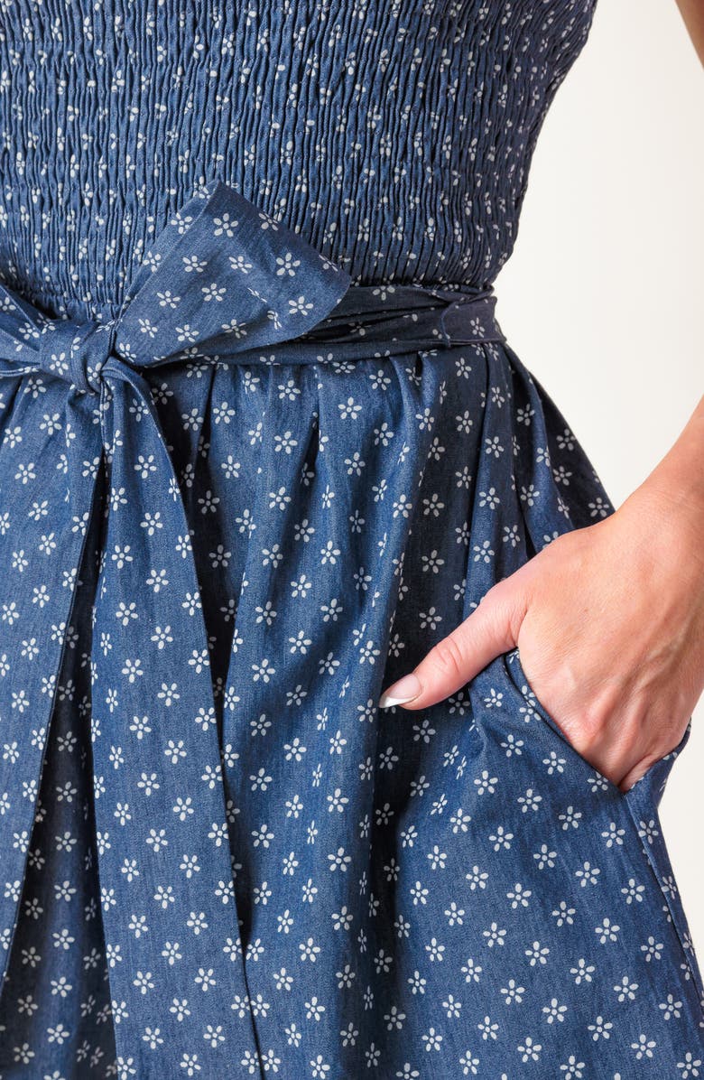 FLYING TOMATO Smocked Tie Waist Romper, Alternate, color, Denim