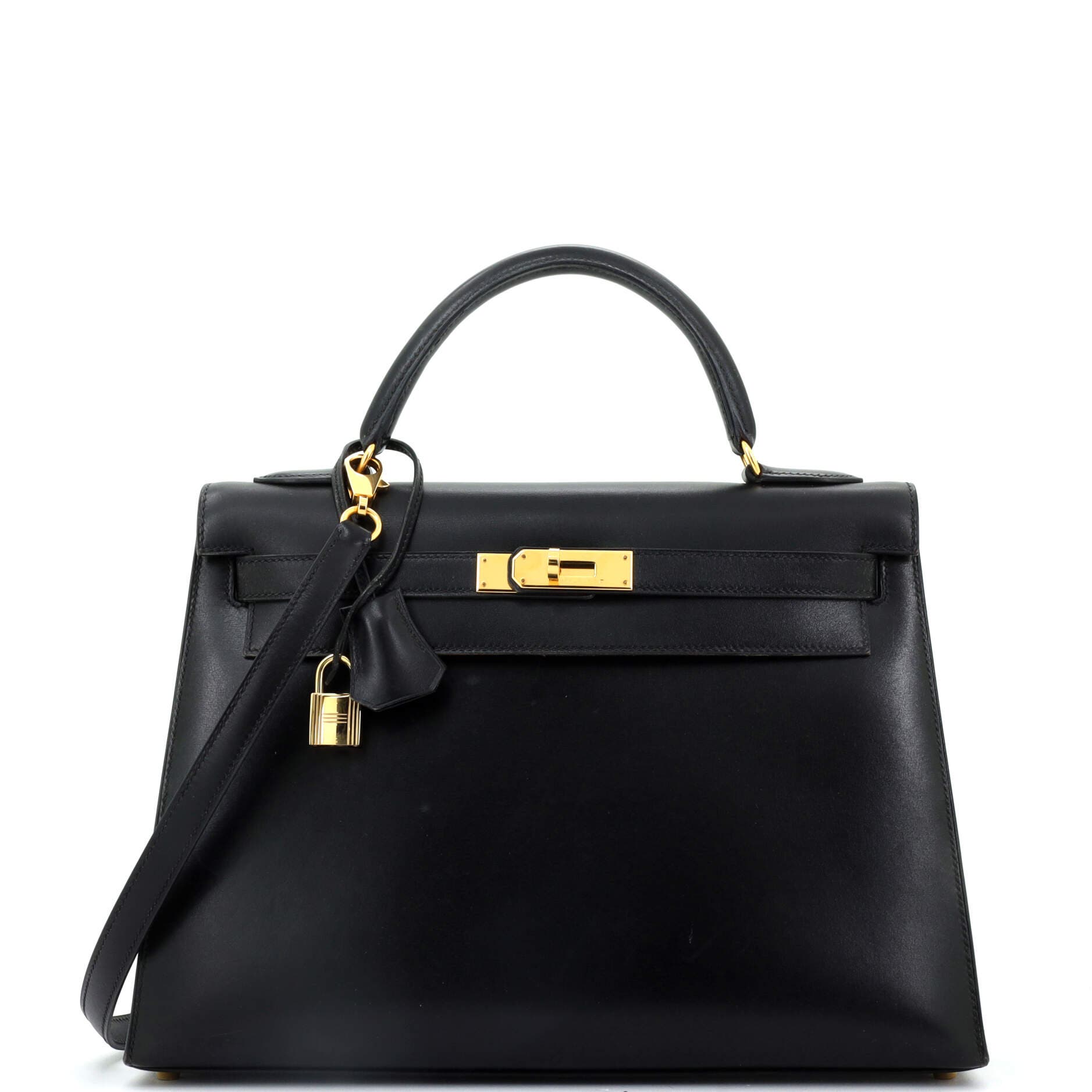 Pre-Owned Hermes Kelly Handbag Black Box Calf with Gold Hardware 32, Main, color, 