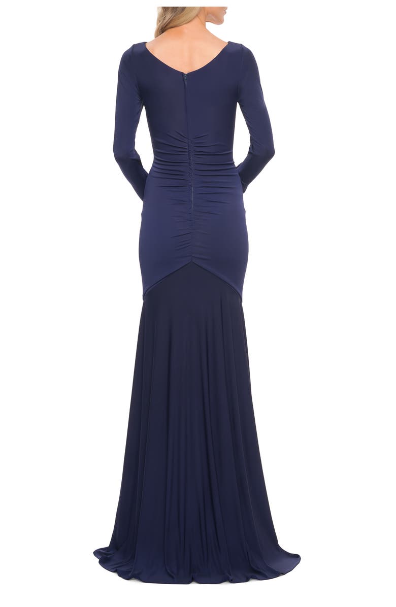 La Femme Ruched Jersey Evening Gown with Long Sleeves, Alternate, color, Navy