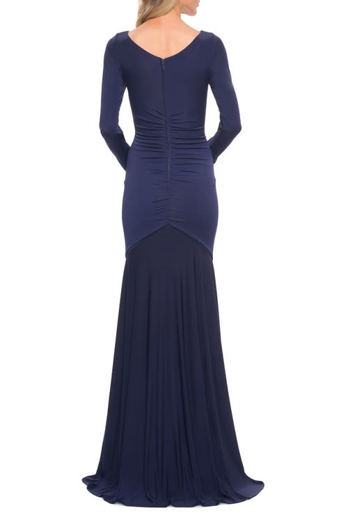 La Femme Ruched Jersey Evening Gown With Long Sleeves In Navy