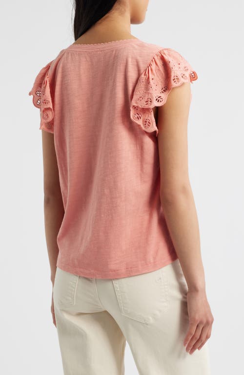 Wit & Wisdom Eyelet Flutter Sleeve Jersey T-shirt In Brown