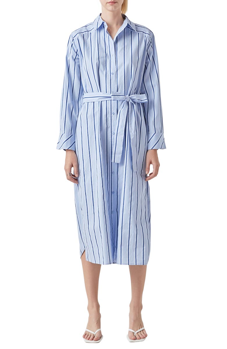 Grey Lab Stripe Long Sleeve Maxi Shirtdress, Main, color, Powder Blue/ Navy