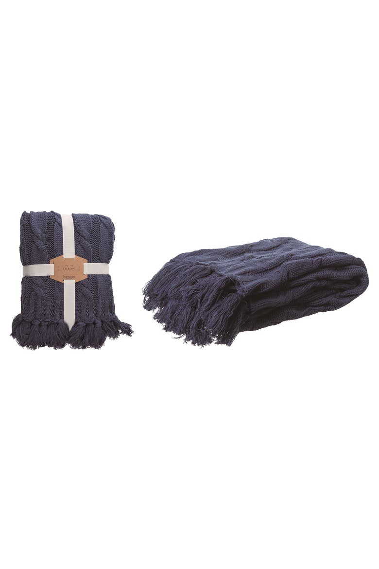 Blue Chunky Knitted Polyester Midnight Throw Blanket with Tassels for Spring Everyday Use, Main, color, Blue