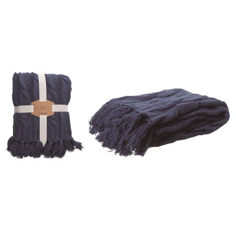 Blue Chunky Knitted Polyester Midnight Throw Blanket with Tassels for Spring Everyday Use