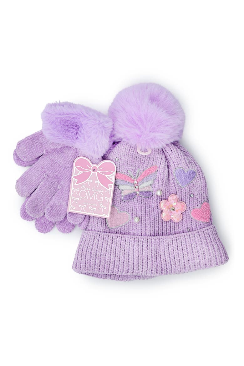 Kids' Butterfly Faux Fur Trim Pompom Beanie & Gloves Set, Alternate, color, ORCHID