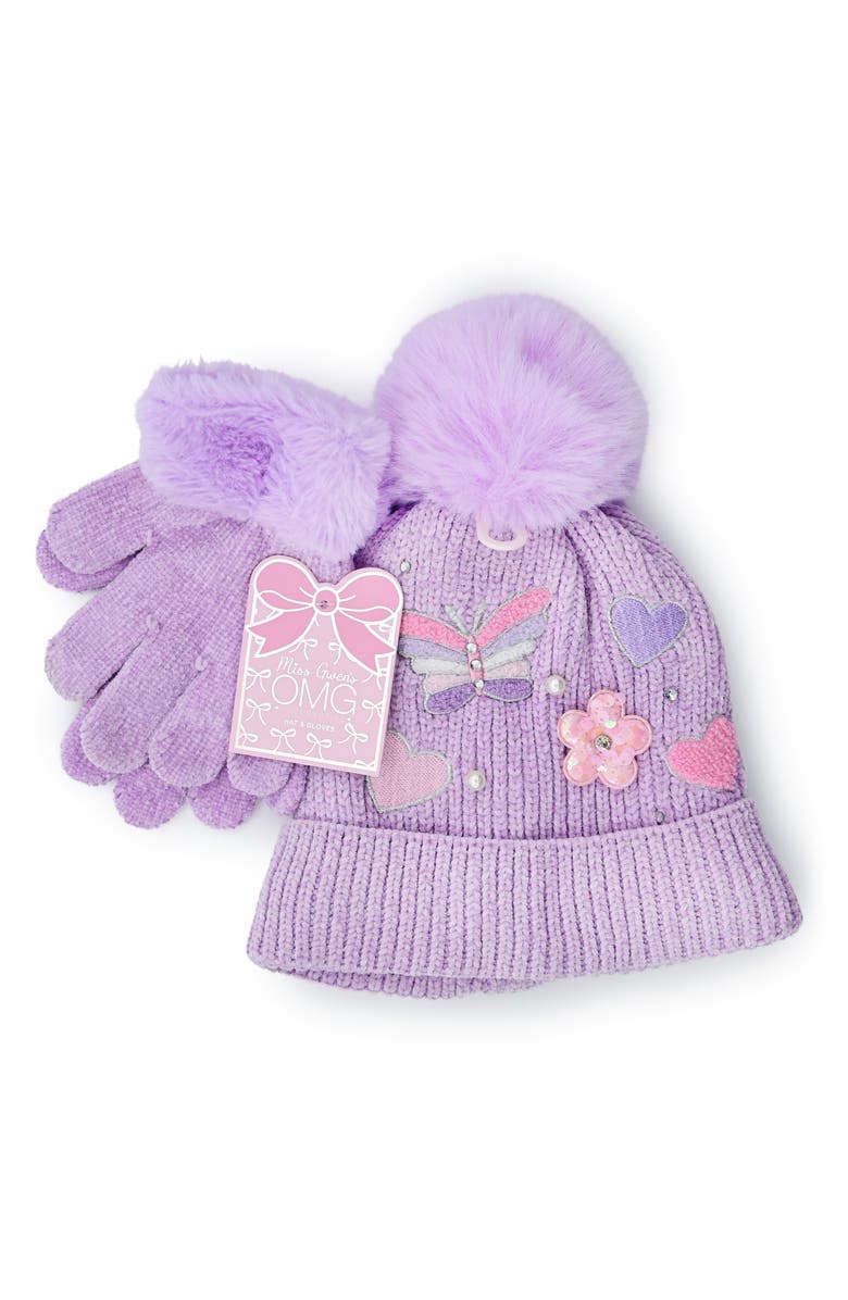 Kids' Butterfly Faux Fur Trim Pompom Beanie & Gloves Set