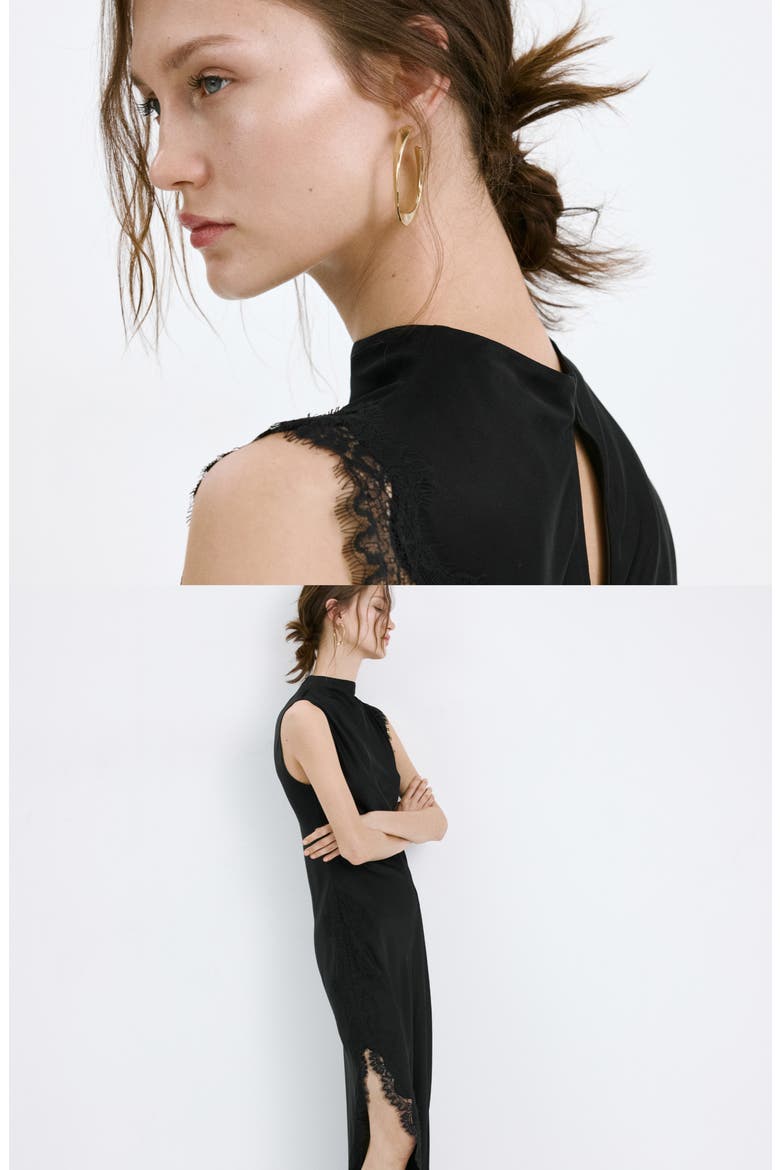 Lace Sleeveless Satin Maxi Dress, Alternate, color, BLACK