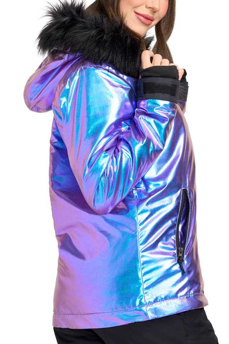 Iridescent Iris Waterproof Insulated Hooded Snowsuit with Faux Fur Trim, Alternate, color, PURPLE
