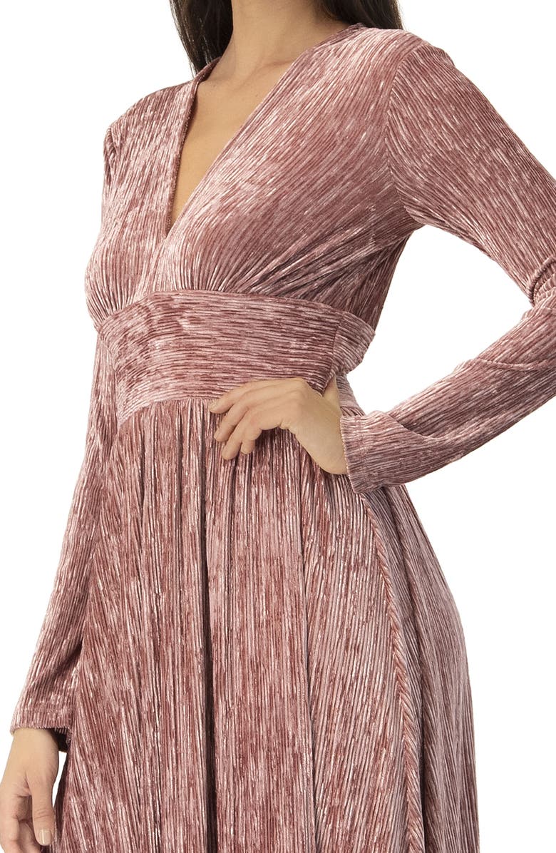 IVONNE Long Velvet Pleated V-Neck Dress, Alternate, color, Dark Pink