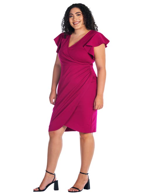 24seven Comfort Apparel V-neck Ruffle Sleeve Knee Length Dress In Purple