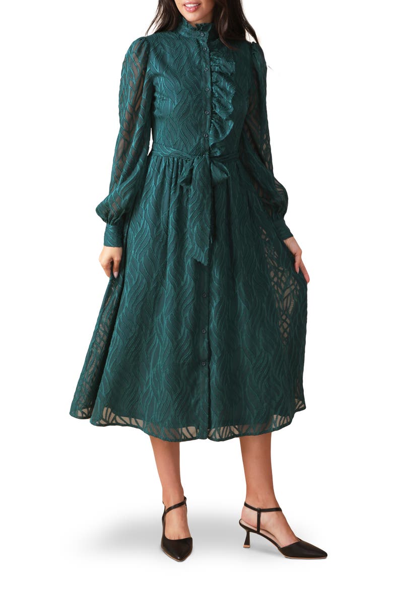 Solid Long Sleeve Ruffle Midi Dress, Main, color, DARK GREEN