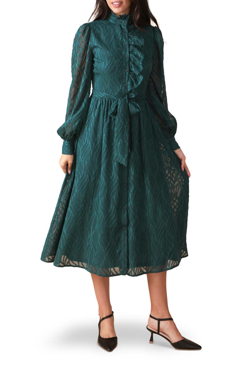 FLYING TOMATO Solid Long Sleeve Ruffle Midi Dress, Main, color, Dark Green