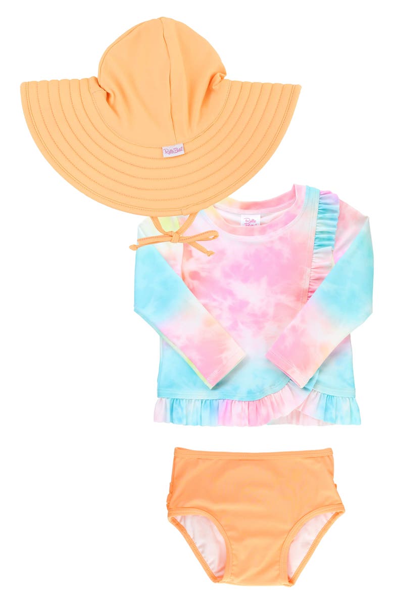 RuffleButts Rainbow Tie Dye Long Sleeve Two-Piece Rashguard Swimsuit & Hat Set, Main, color, 