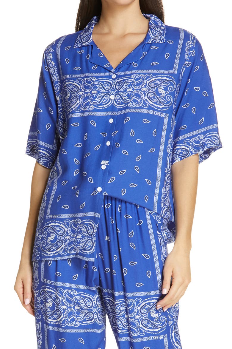 Staycation Bandana Print Short Sleeve Button-Up Top, Main, color, BLUE