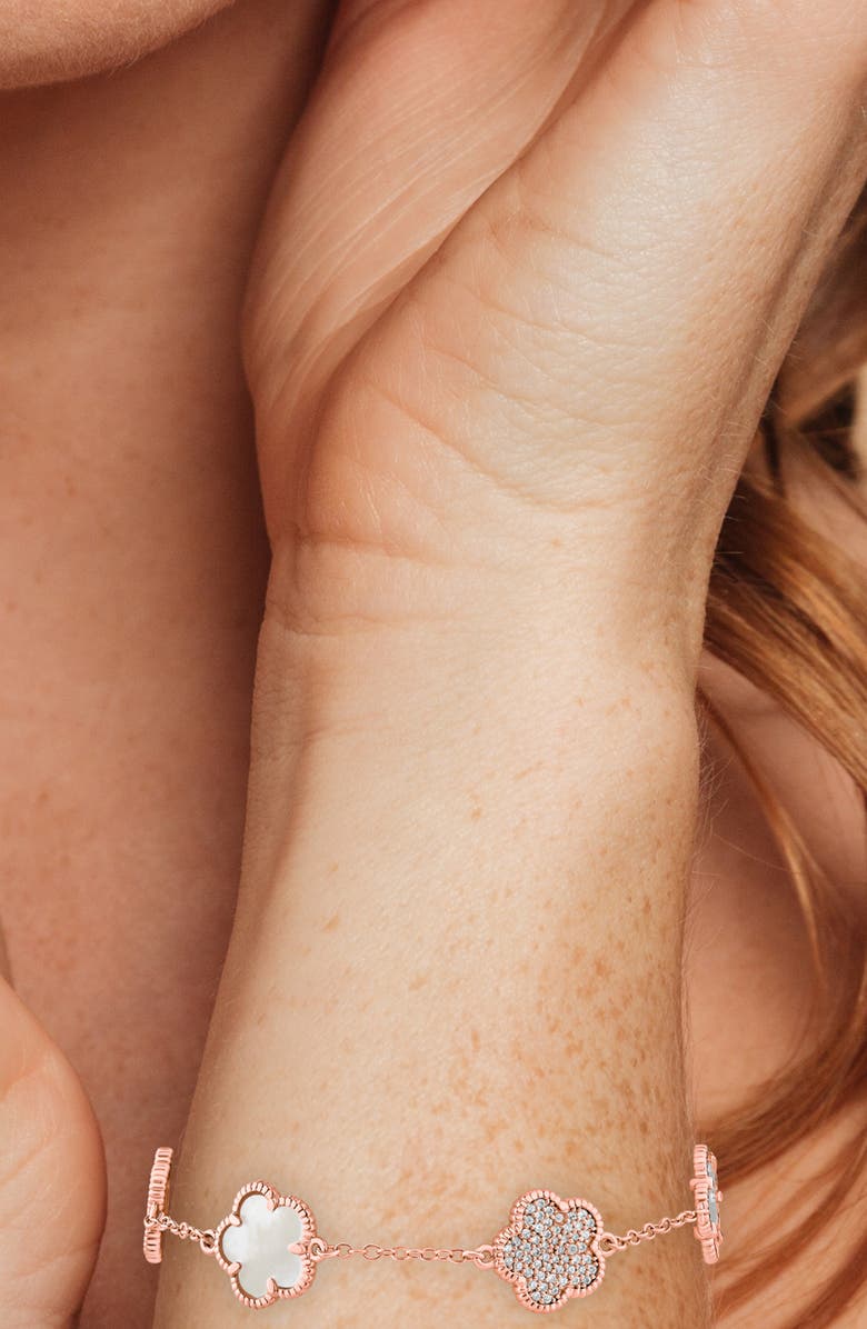 CZ by Kenneth Jay Lane Pavé Cubic Zirconia & Mother-of-Pearl Clover Station Bracelet, Alternate, color, Mop/ Clear Rose Gold