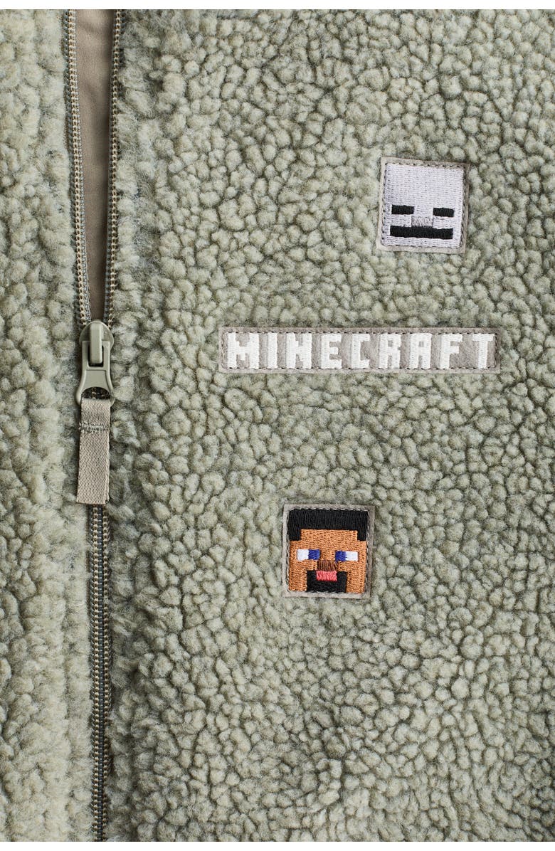 H&M Appliquéd teddy fleece jacket, Alternate, color, Dusty Green/Minecraft