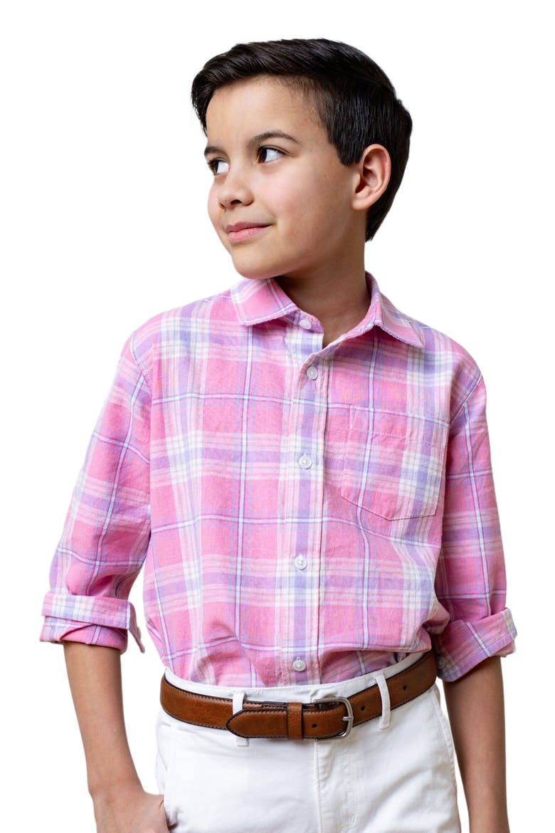 Boys' Long Sleeve Linen Button Down Shirt, Kids, Alternate, color, Tea Room Pink Plaid