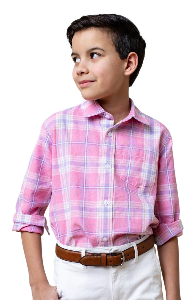 Hope & Henry Boys' Long Sleeve Linen Button Down Shirt, Kids, Alternate, color, Tea Room Pink Plaid
