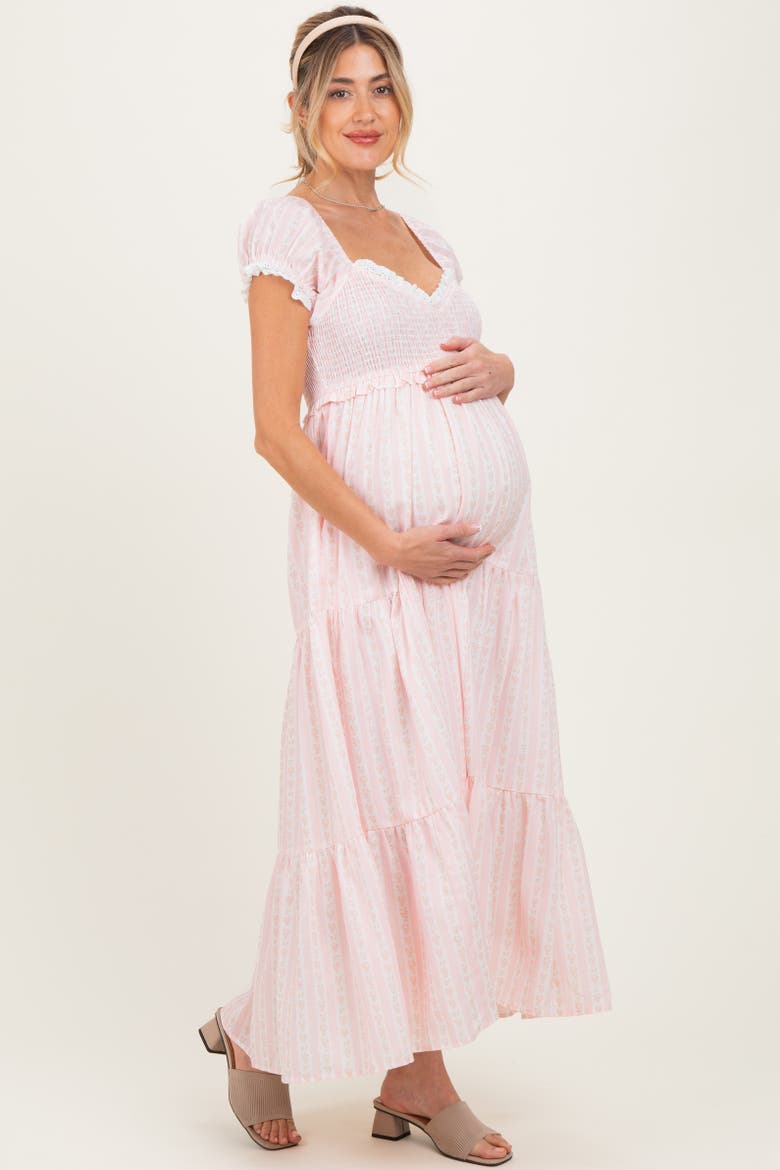 Floral Lace Trim Tiered Maxi Dress, Alternate, color, Light Pink