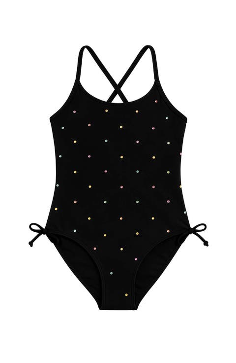 Gathered One Piece Swimsuit with Rhinestone Detail