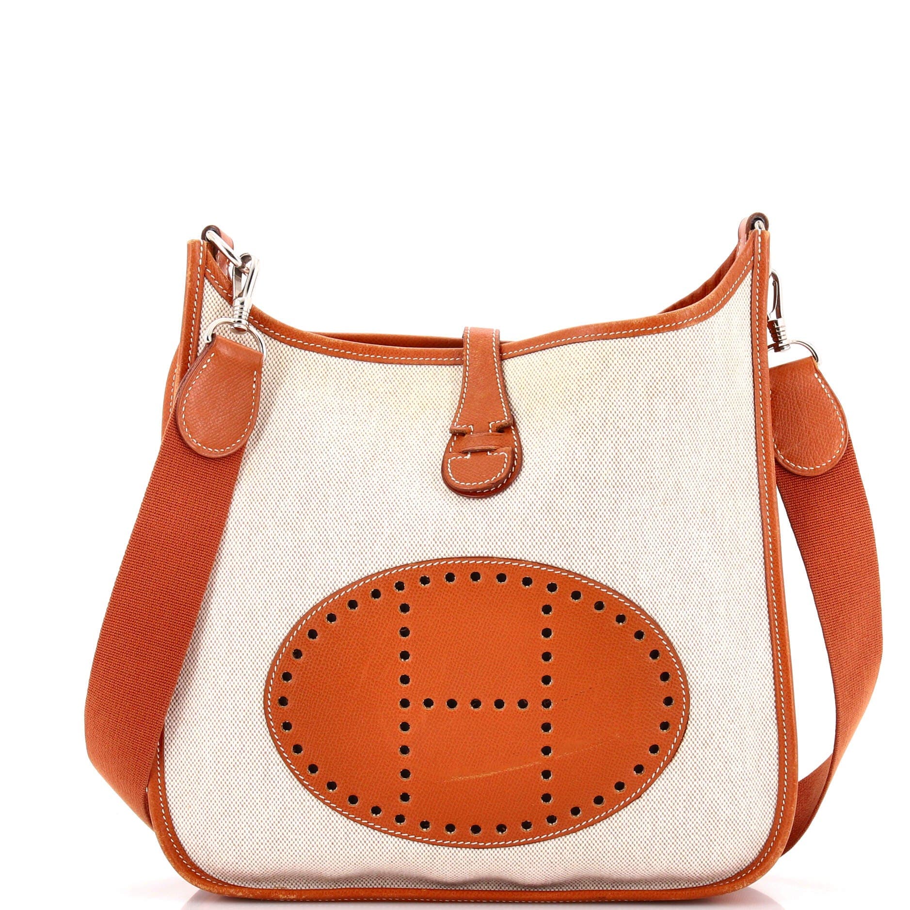 Pre-Owned Hermes Evelyne Bag Gen III Toile and Leather PM, Main, color, Ecru