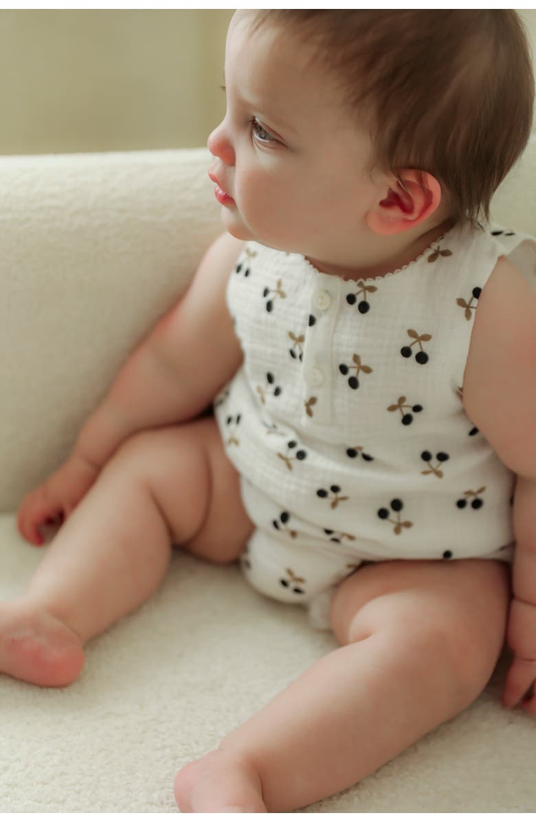 Little Fragile Cherry Crinkle Scallop Snap Romper, Alternate, color, White