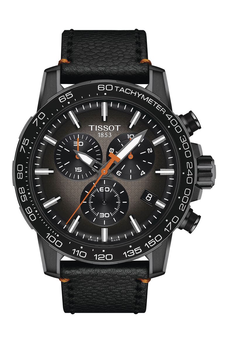 Supersport Leather Strap Chronograph Watch, 45.5mm, Main, color, BLACK