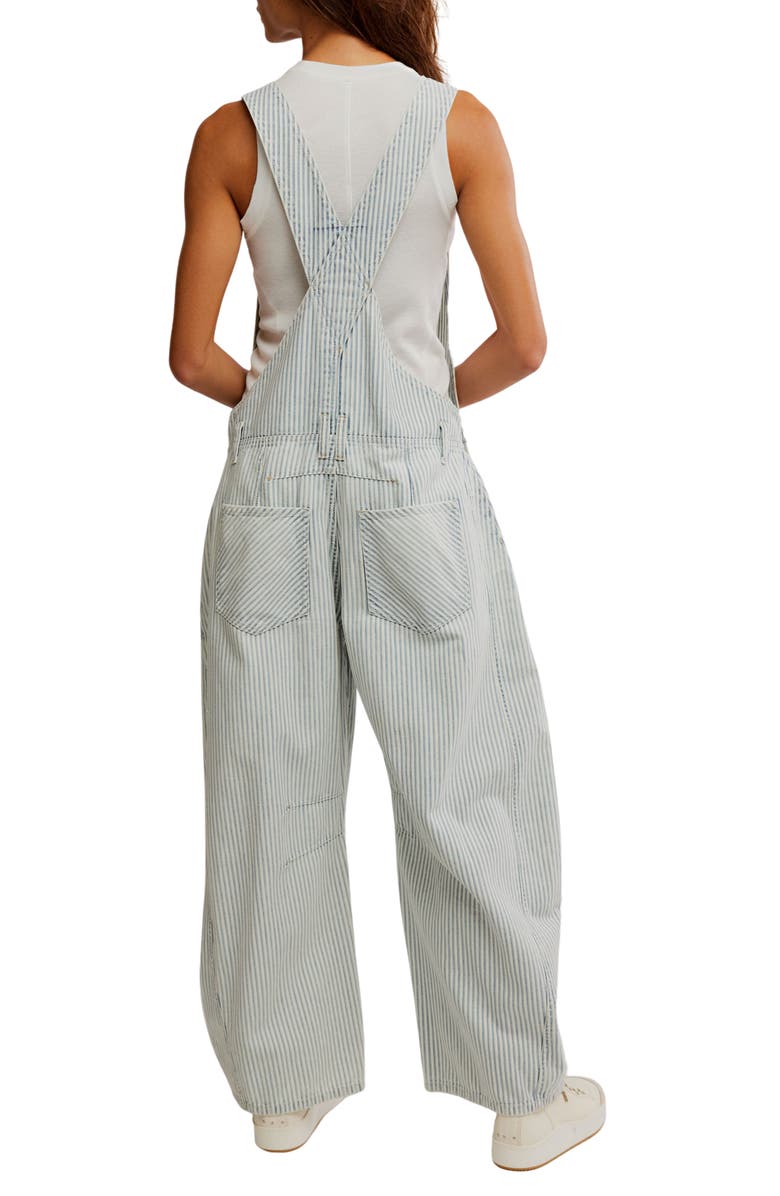 Free People Good Luck Stripe Barrel Leg Overalls, Alternate, color, Indigo Railroad