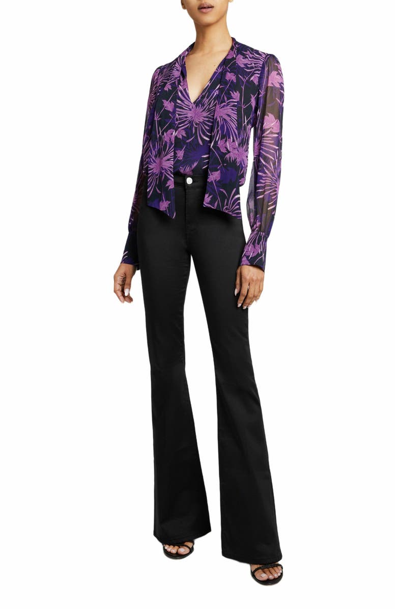 Santorelli FRANCIS Blouse with Neck Tie in Abstract Floral Crinkled Georgette, Alternate, color, Cool Purple