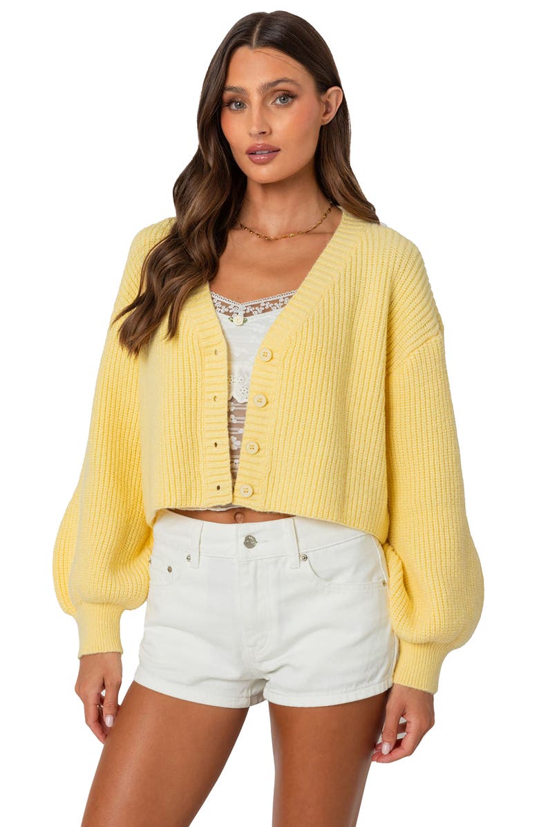 EDIKTED Sabrina Bishop Sleeve Crop Cardigan, Alternate, color, Yellow