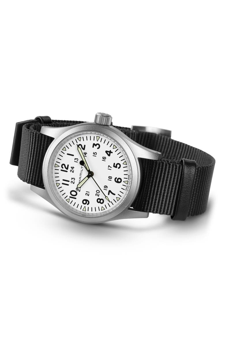 Hamilton Khaki Field Mechanical NATO Strap Watch, 38mm, Alternate, color, White
