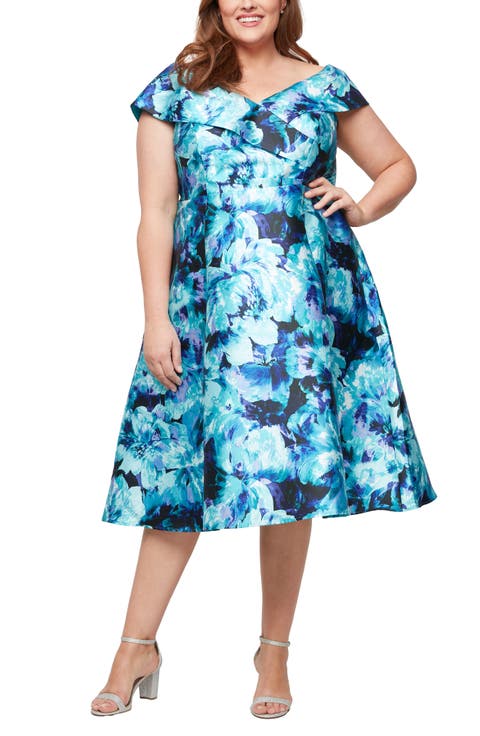 Printed Mikado Off the Shoulder Cocktail Dress (Plus)