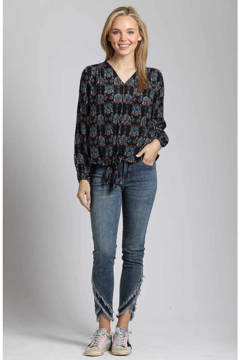 Print Tie Front Top, Alternate, color, BLACK MULTI