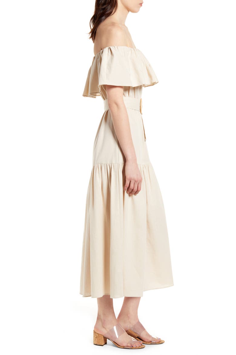 Belted Off the Shoulder Midi Dress, Alternate, color, BEIGE