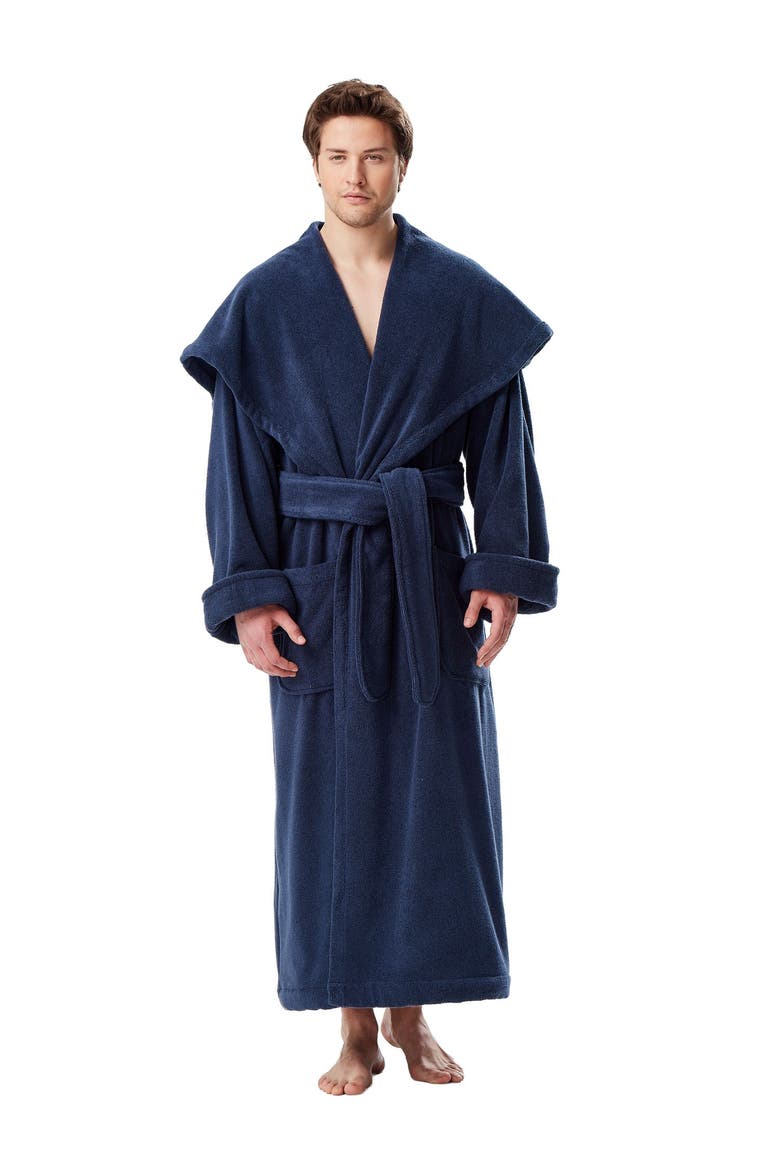 Men's Monk Style Full Length Long Terry Cotton Bathrobe, Alternate, color, Navy