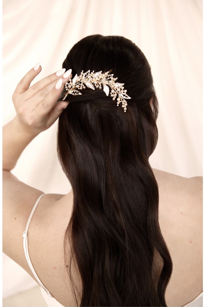 Ethereal Leaf Rhinestone & Imitation Pearl Hair Comb, Alternate, color, GOLD