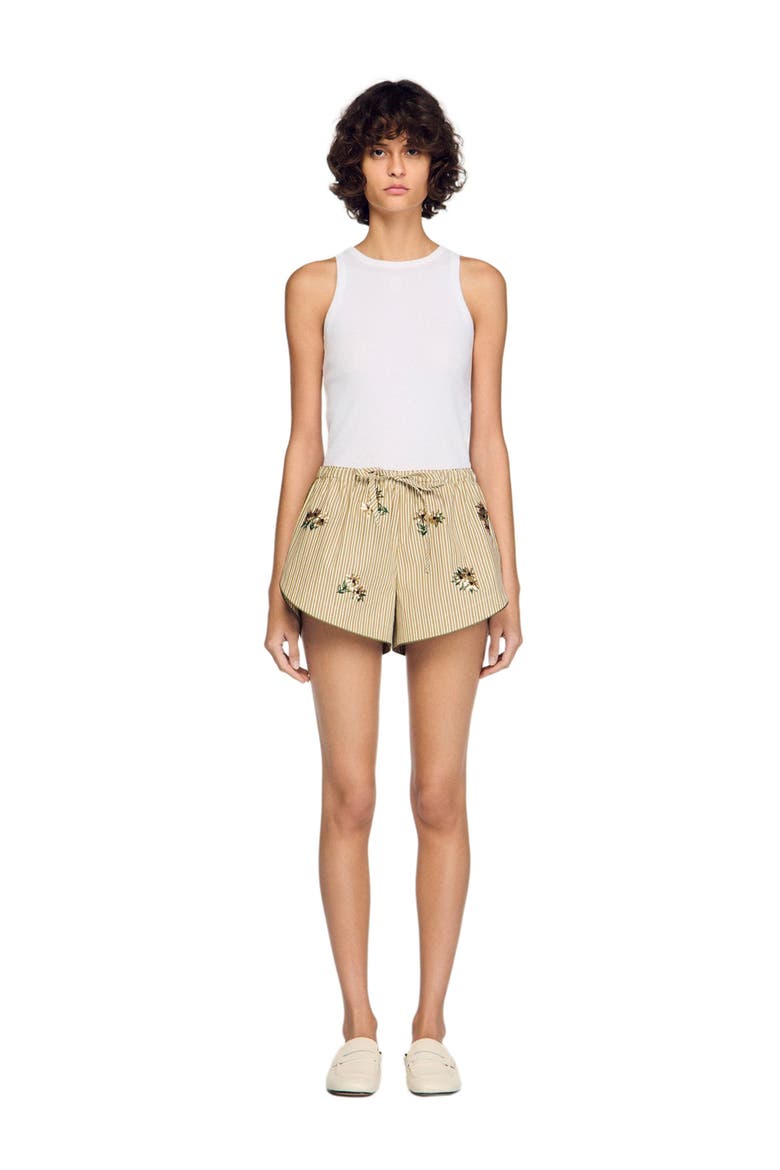 Floral embroidered striped shorts, Alternate, color, Olive green