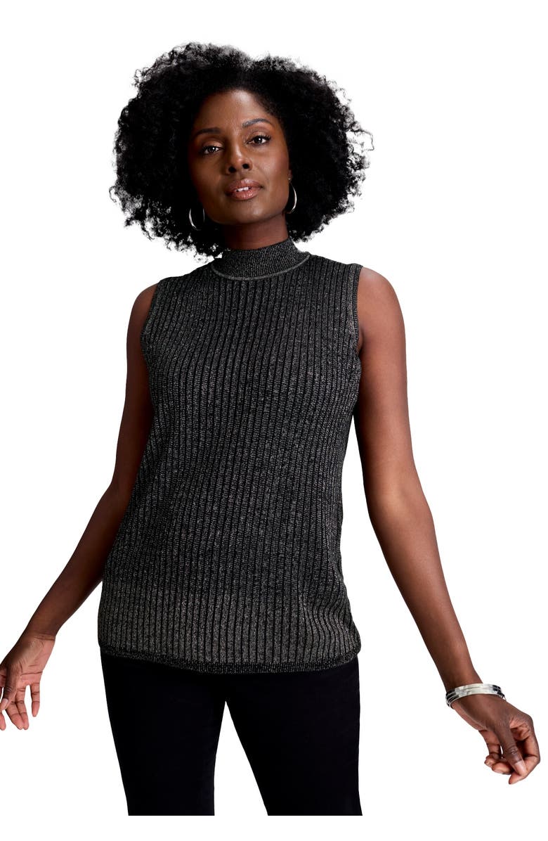 Jessica London Ribbed Sleeveless Shell, Main, color, Black Metallic