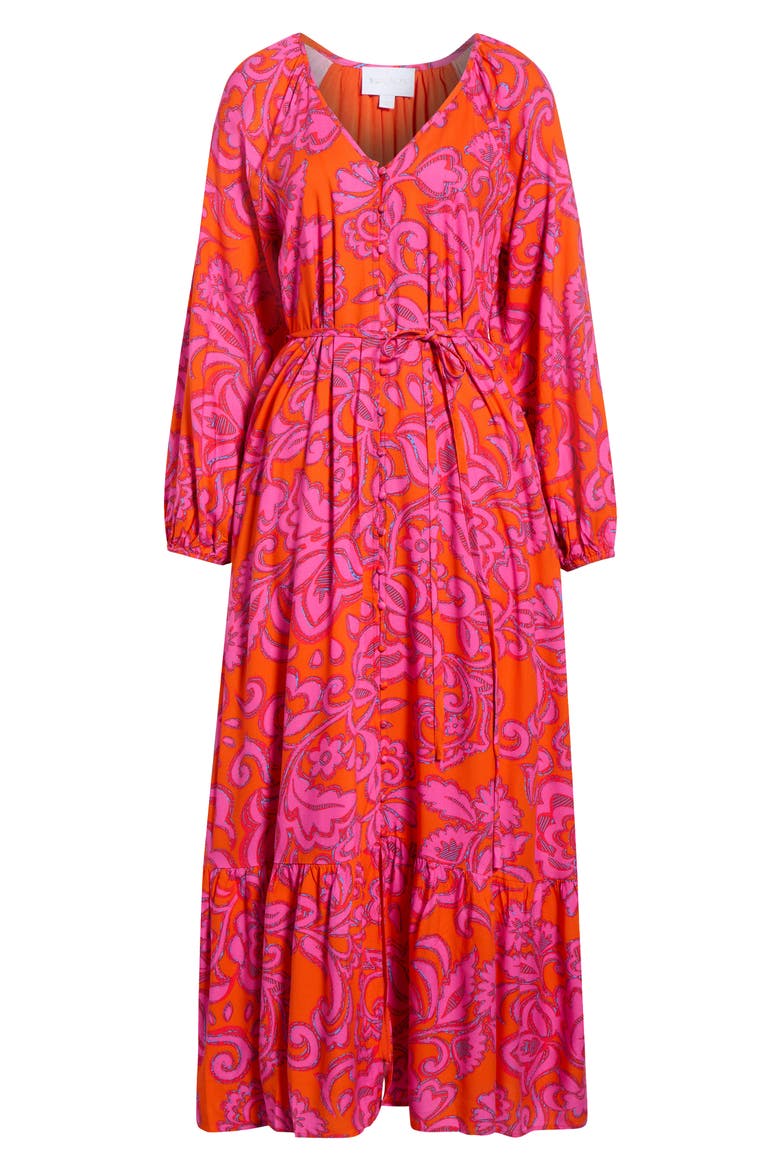 Marinda Floral Larrie Long Sleeve Button Maxi Dress, Alternate, color, ORANGE-FUCHSIA