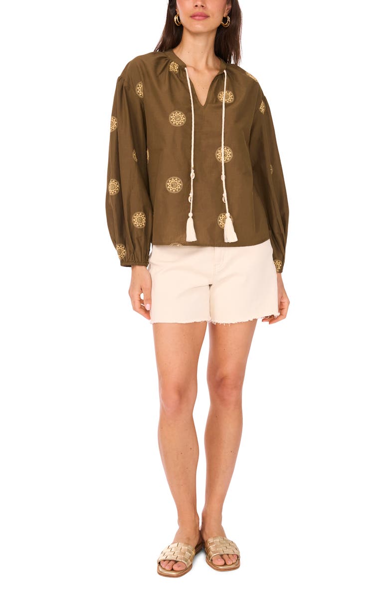 Two by Vince Camuto Embroidered Tassel Tie Neck Top, Alternate, color, Dark Olive