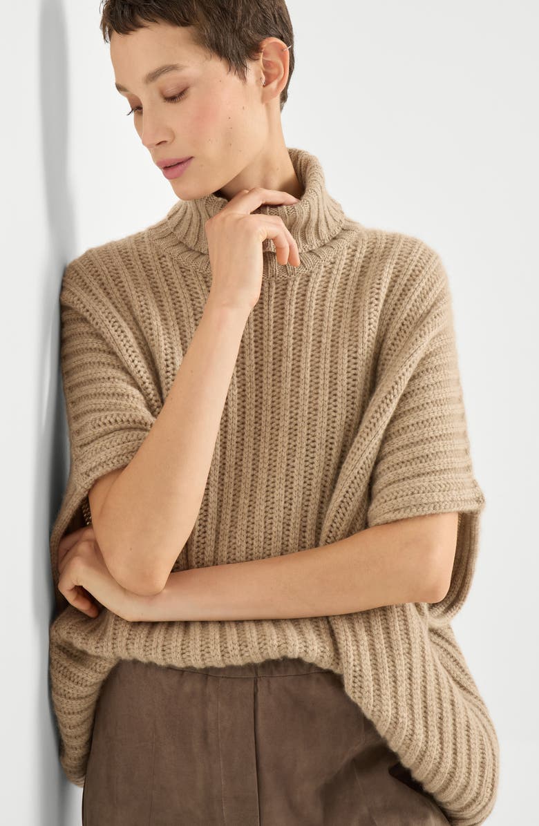 Brunello Cucinelli Poncho-style sweater, Alternate, color, Biscuit