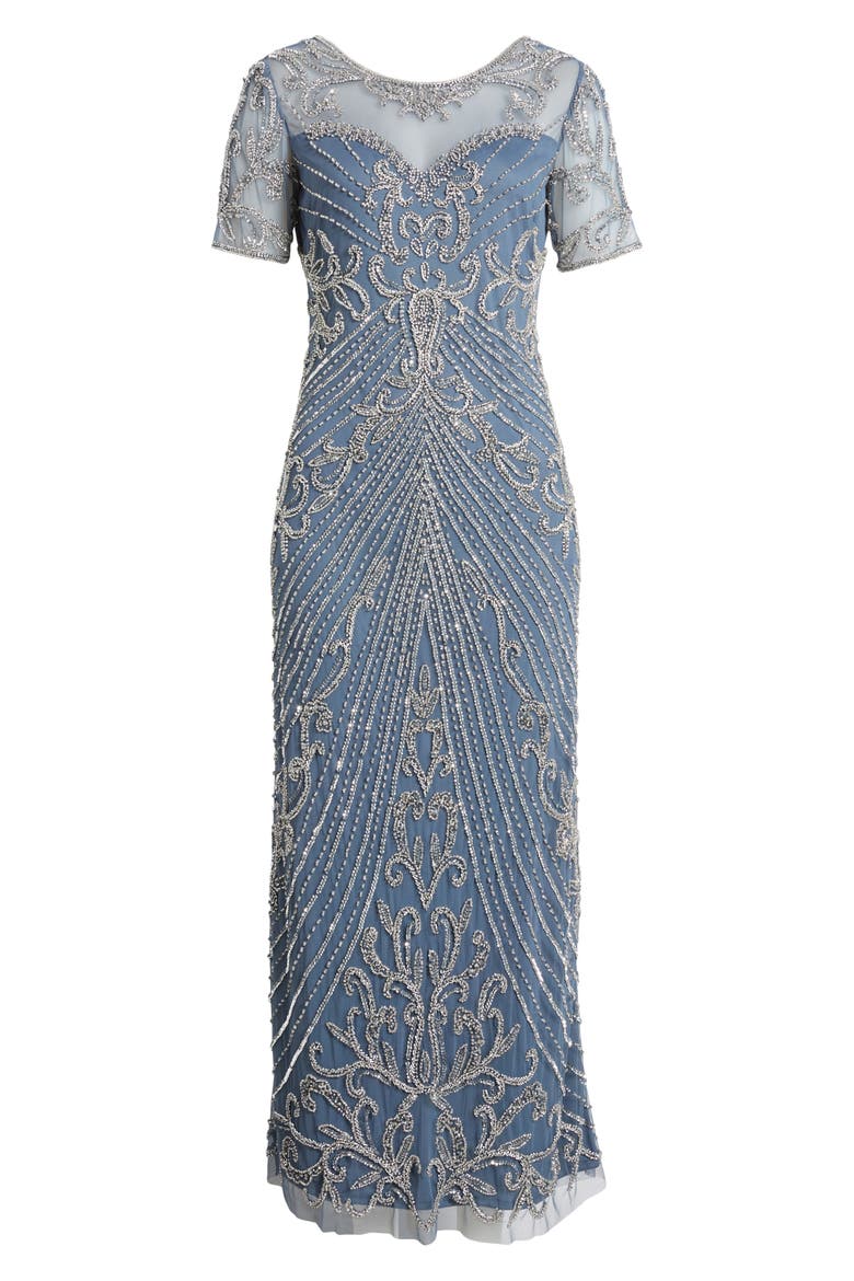 Illusion Beaded Mesh Column Gown, Alternate, color, GREY 020