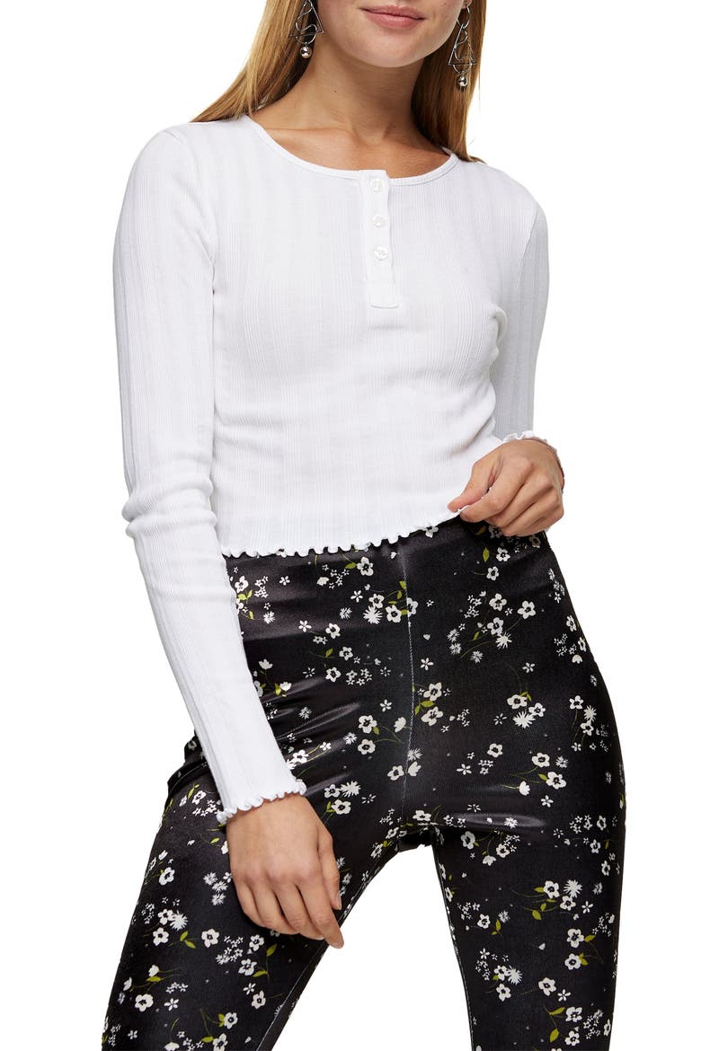 Long Sleeve Henley Crop Top, Main, color, WHITE