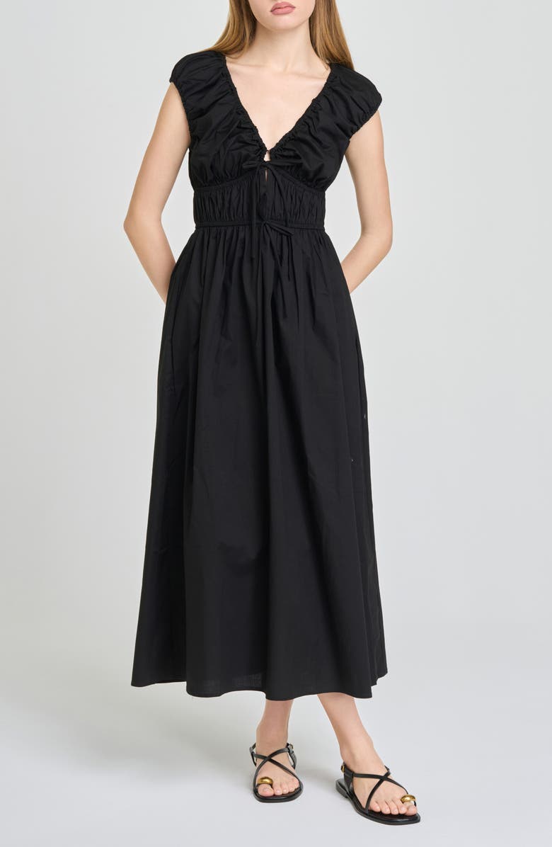 WAYF Liv Ruched Stretch Cotton Poplin Midi Dress, Main, color, Black