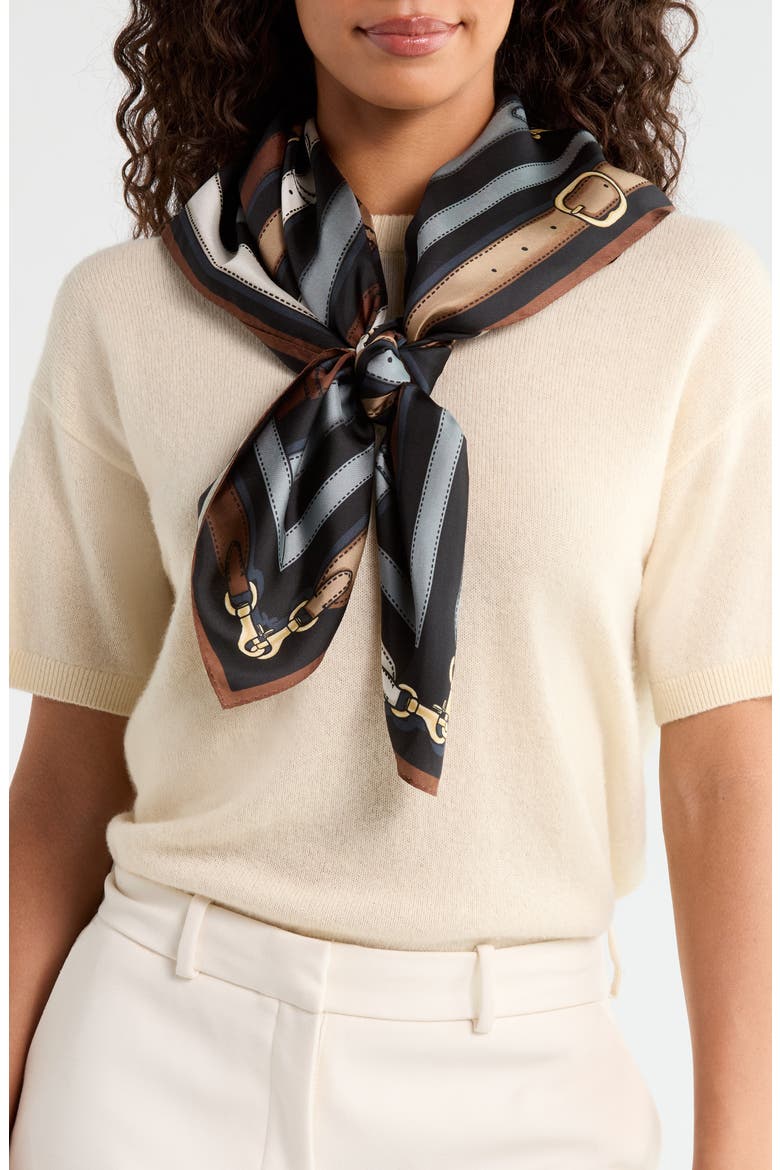 Multi Belt Print Silk Square Scarf, Main, color, BLACK MULTI