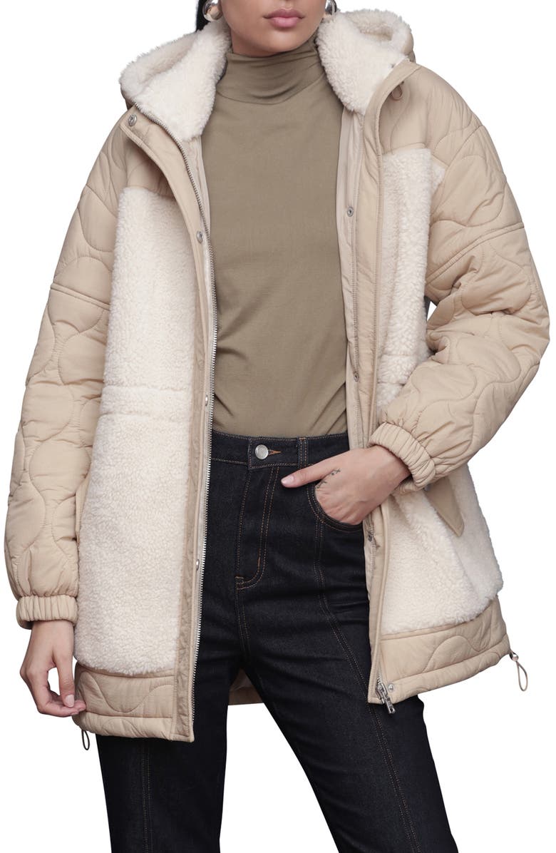 Avec Les Filles Hooded Nylon & Faux Shearling Anorak, Alternate, color, Sand/ Bone